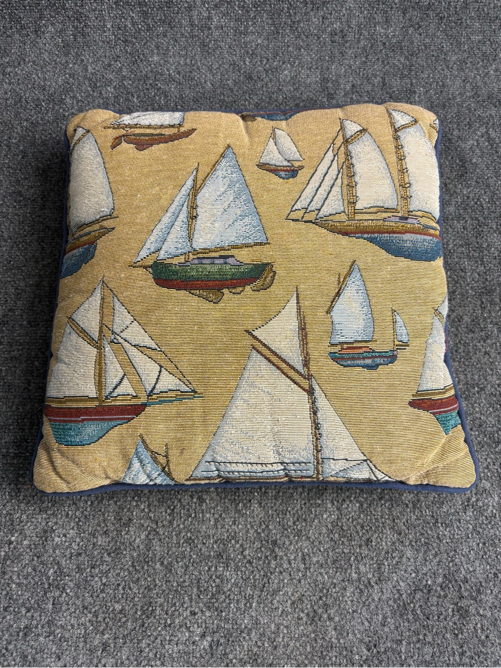 Sailboat Embroidered Accent Pillow in Beige and Blue